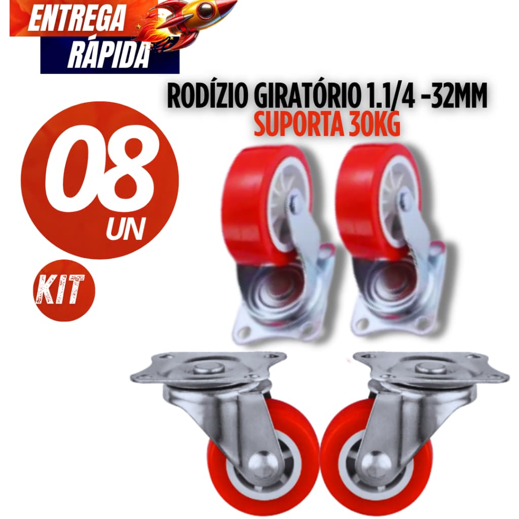 Jogo 8/4  Unidades - Rodízios 1.1/4 Para Carga Pesada Giratórios Mesas, Cadeiras e Móveis Bancada Resistente Silencioso