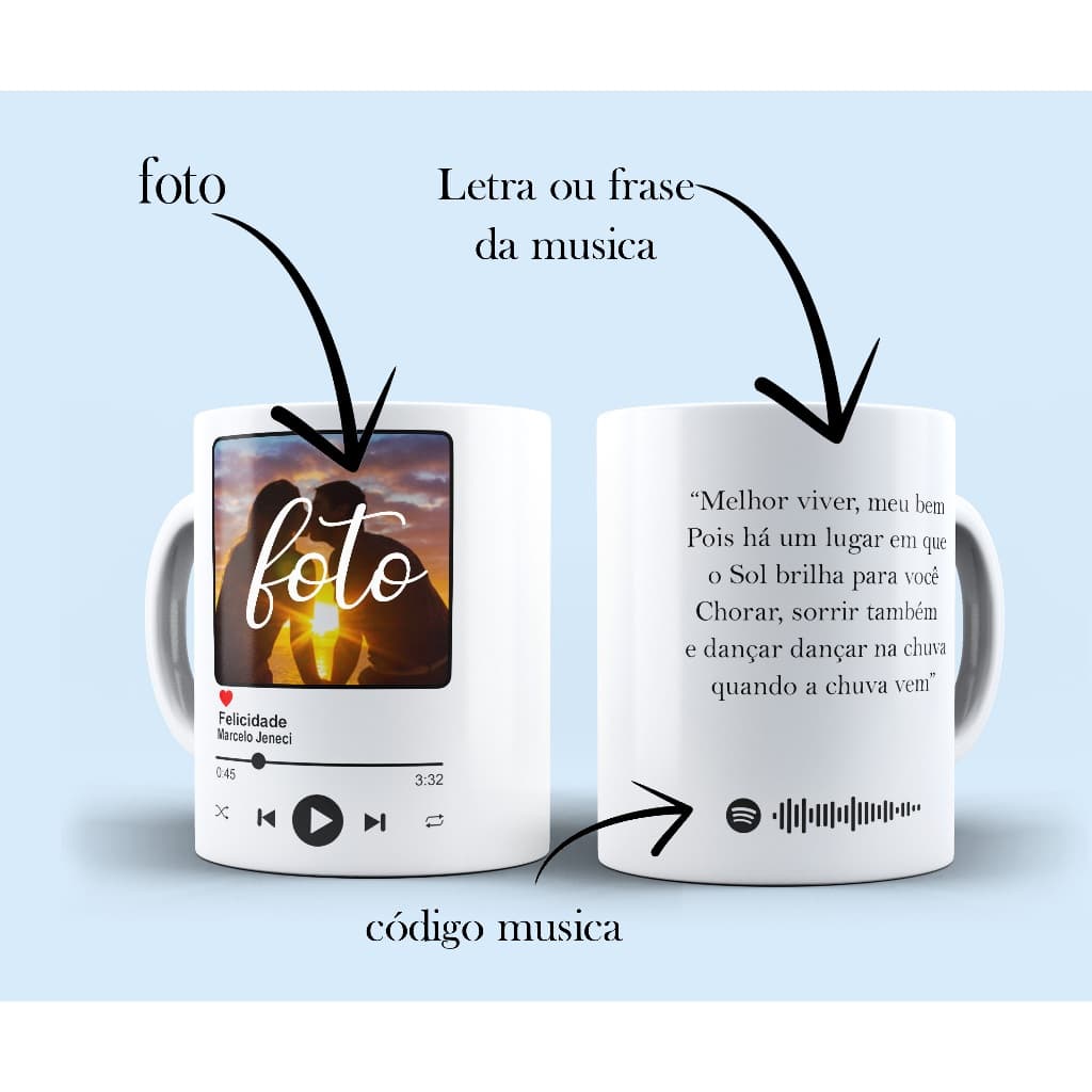 caneca personalizada com foto e letra da musica spotify presente ideal