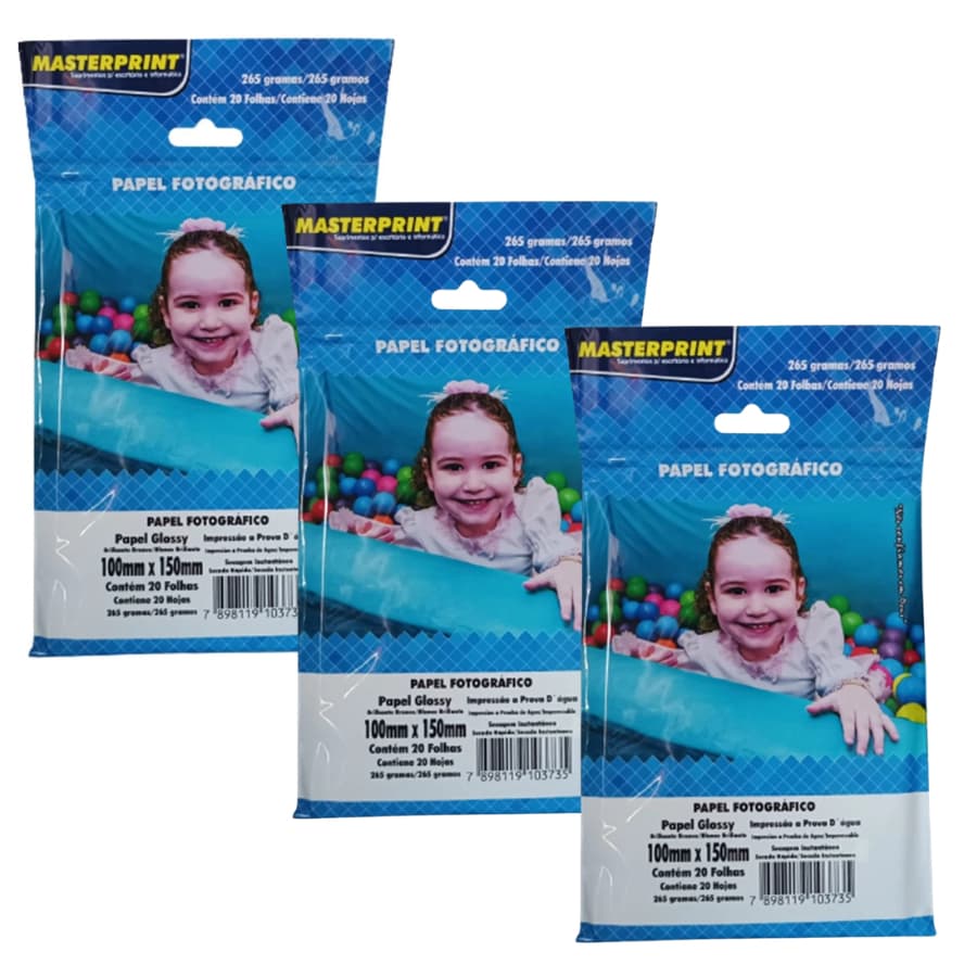 Papel Fotográfico 10x15 Glossy Brilho 265g - 3 pacotes com 20 Folhas - Masterprint - ÓTIMA QUALIDADE!