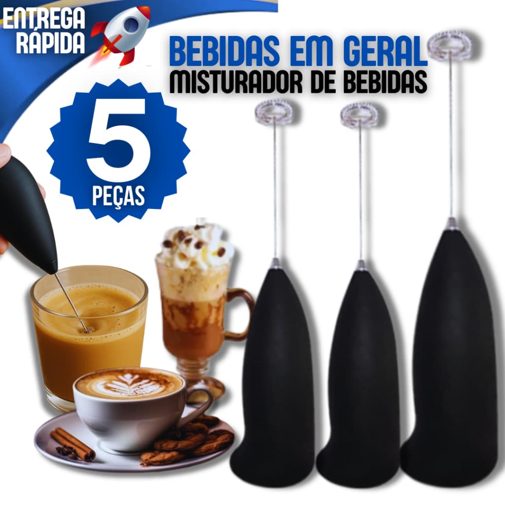 Kit 5 Batedor Misturador Mixer Elétrico para Bebidas Leite Café Clara de Ovo Capuccino Shake Bebidas