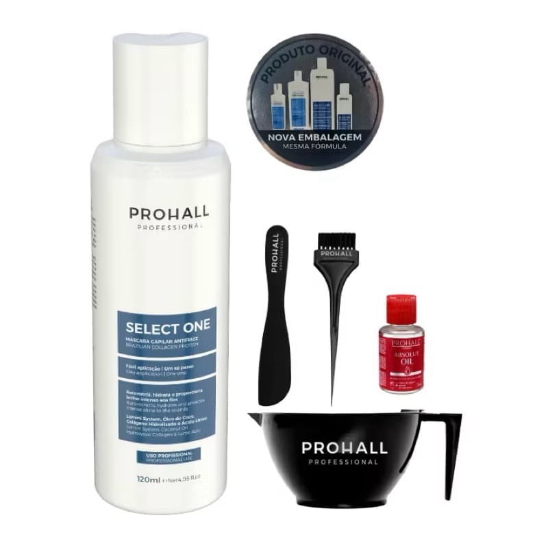 Tratamento Antifrizz Select One Prohall 120ml + Kit Cumbuca e pincel + Óleo de Argan Absolte Oil 7 ml de brinde