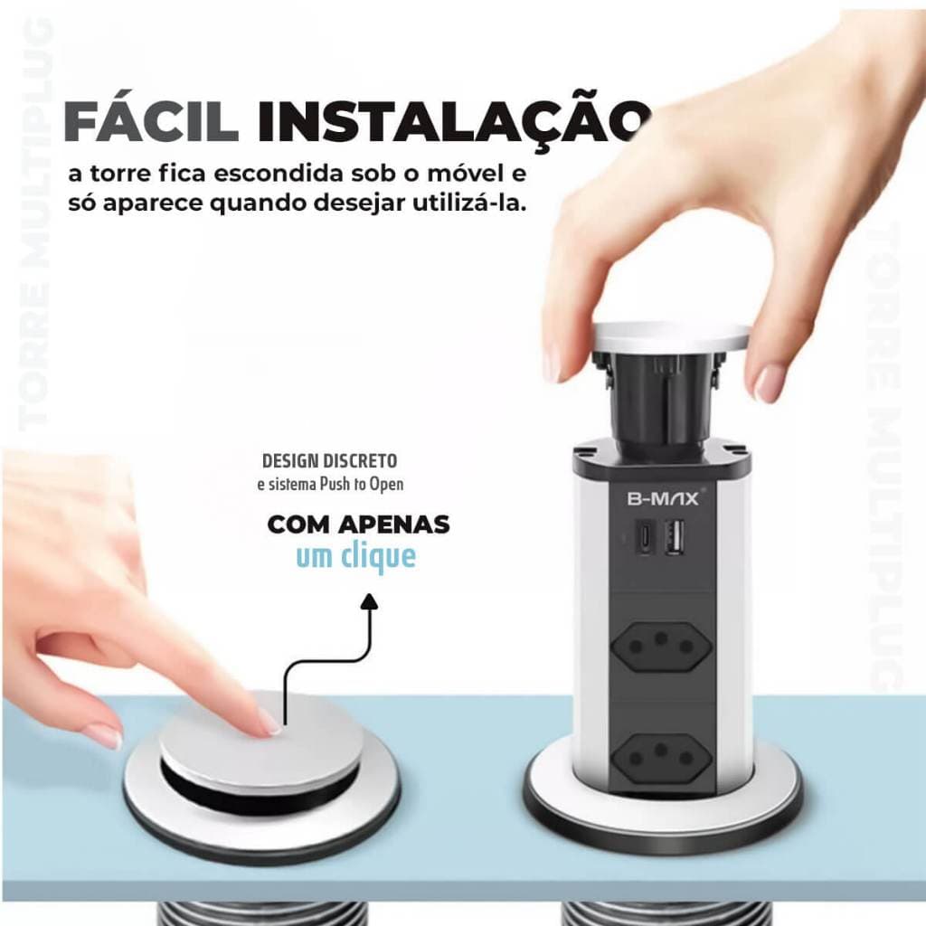 Torre Tomada Embutir Mesa Multiplug USB Retratil Tipo-C