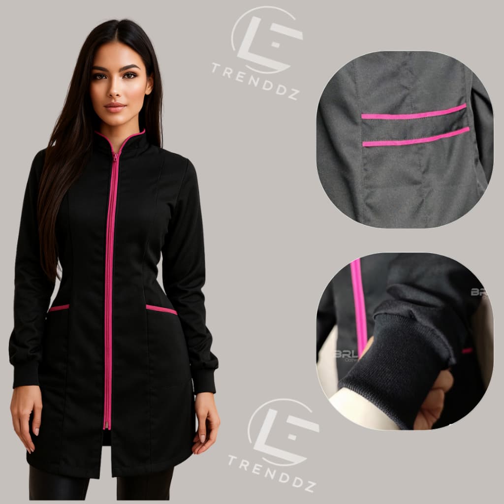 JALECO FEMININO DETALHE ROSA - JALECO FEMININO PRETO/BRANCO