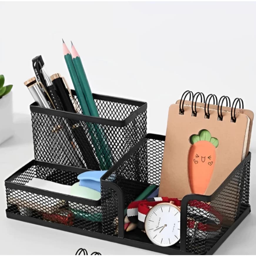 Organizador de Mesa Metal Aramado Para Escritório 3 Divisões Porta Lapís Caneta Clips