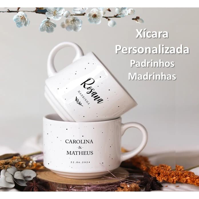 Kit Xícara Personalizada Porcelana Lembrança Noivos Padrinhos Madrinhas Casamento Aniversário Logo