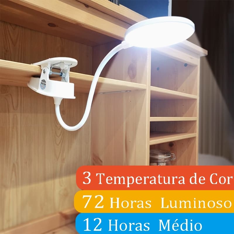 Lâmpada de Mesa Led USB Recarregável com Grampo Dobrável 3 Modos Escurecimento Proteção dos Olhos