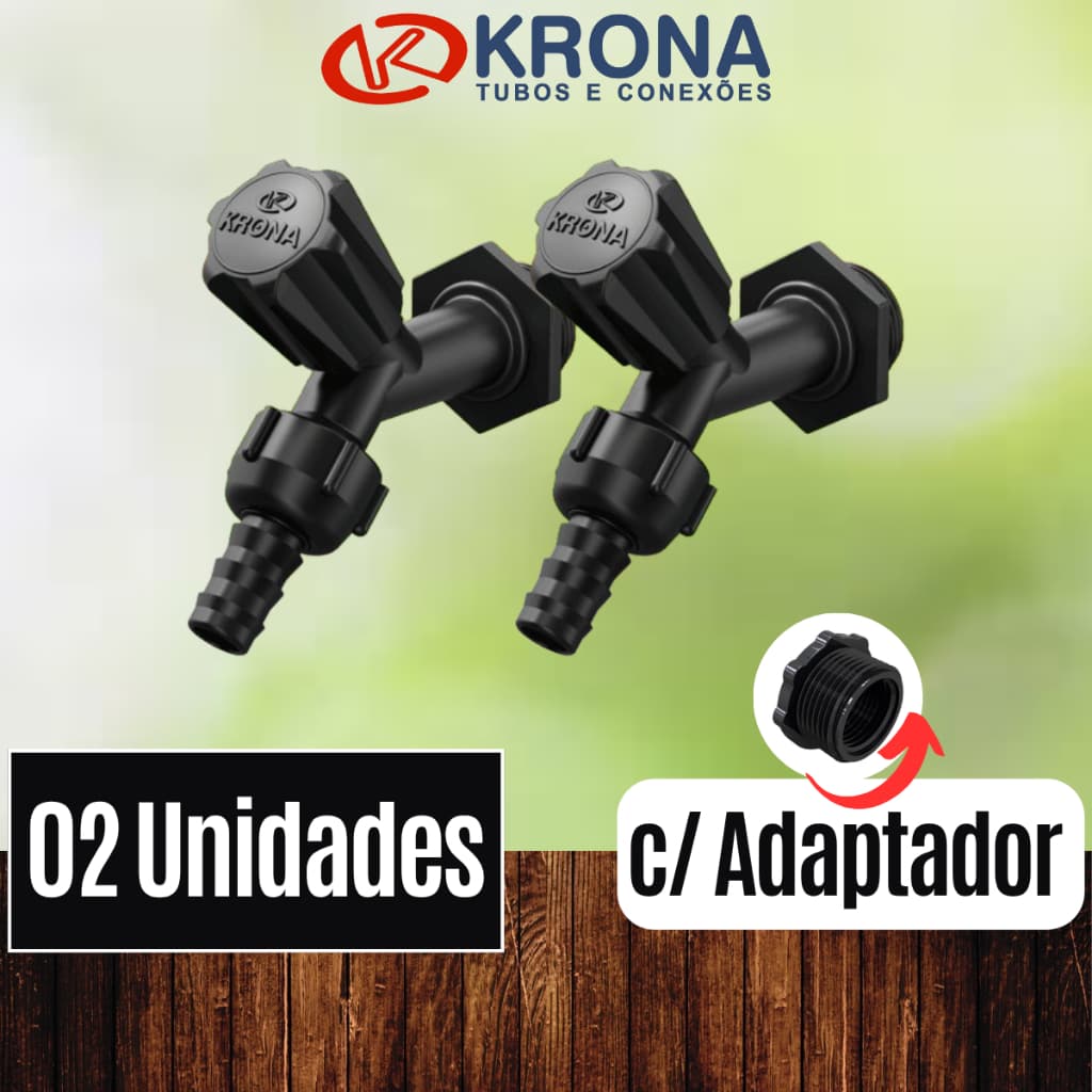 PCT 02 Unds Torneira plástica de jardim externa 1/2 c/ adaptador 3/4 e Bico Preta – Krona