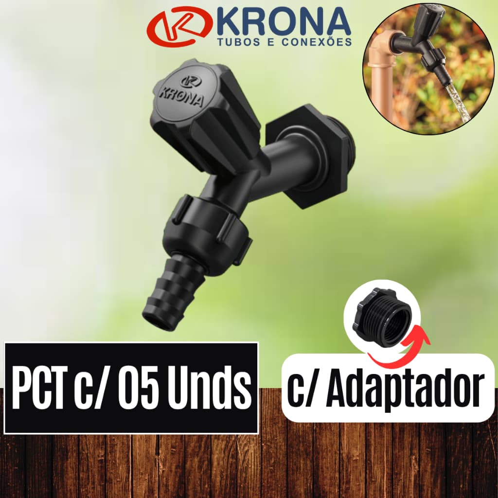 Torneira plástica de jardim externa PVC  1/2 c/ Adaptador 3/4 e Bico Preta - Krona
