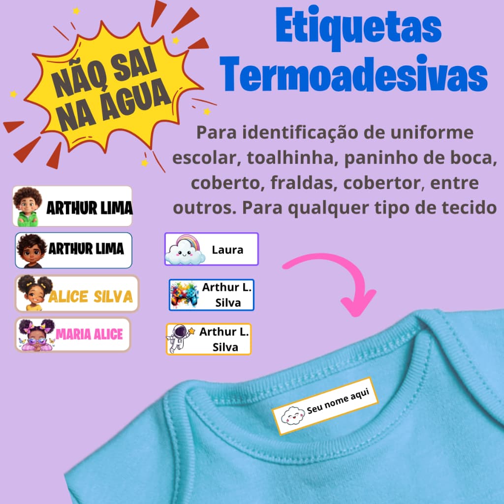 kit  Etiquetas Nome Aplique Identificação para Roupas Uniformes Meias Todo Tipo de Tecido Dtf Textil Faça com Ferro