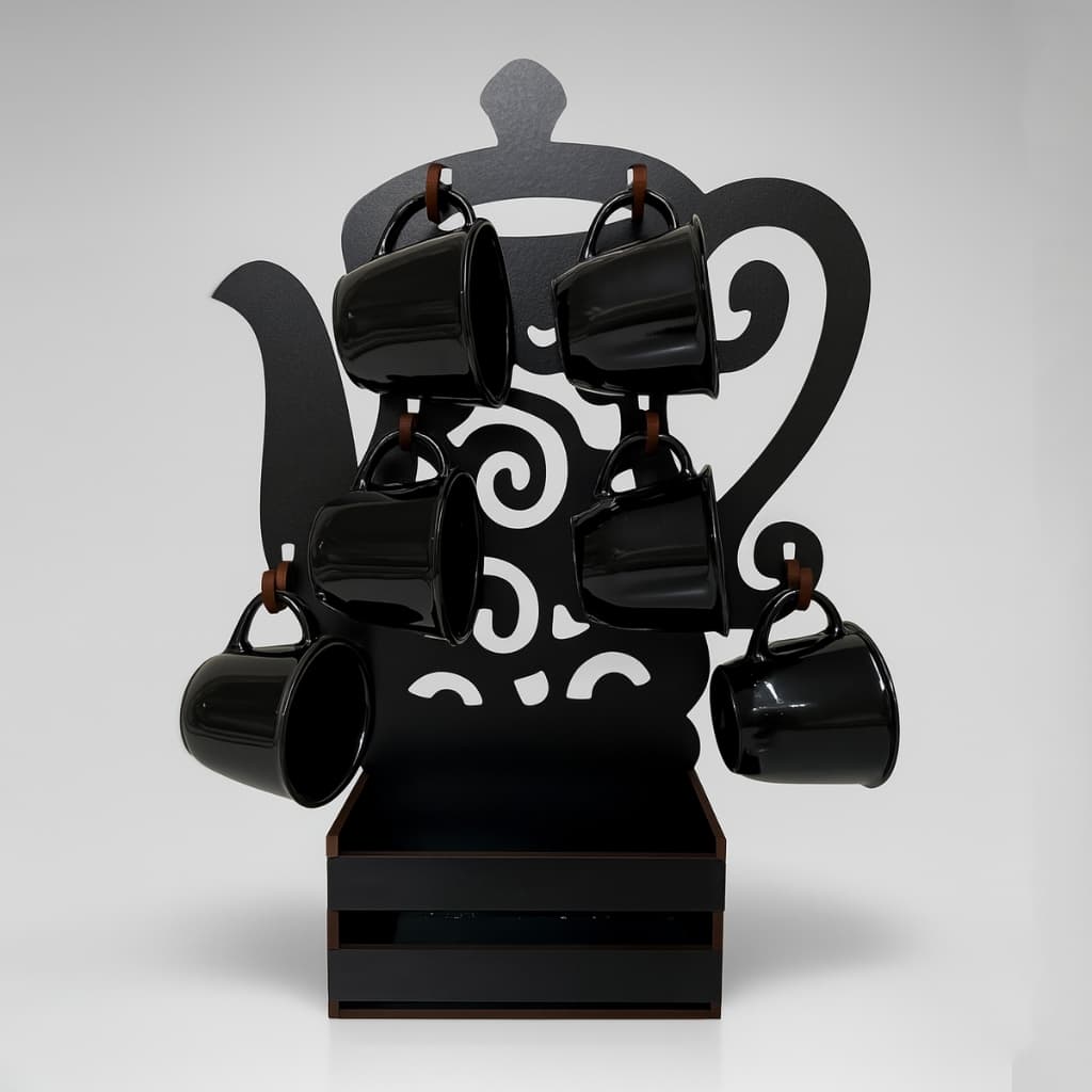 Suporte para xícaras formato bule + 6 xícaras acrílico - Artesanato MDF - organizador de caneca