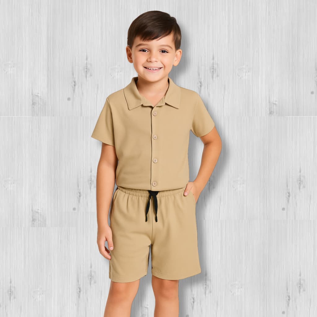 Conjunto Mauricinho de Verão para Meninos: Camisa de Botão Gola Polo e Short Casual Liso