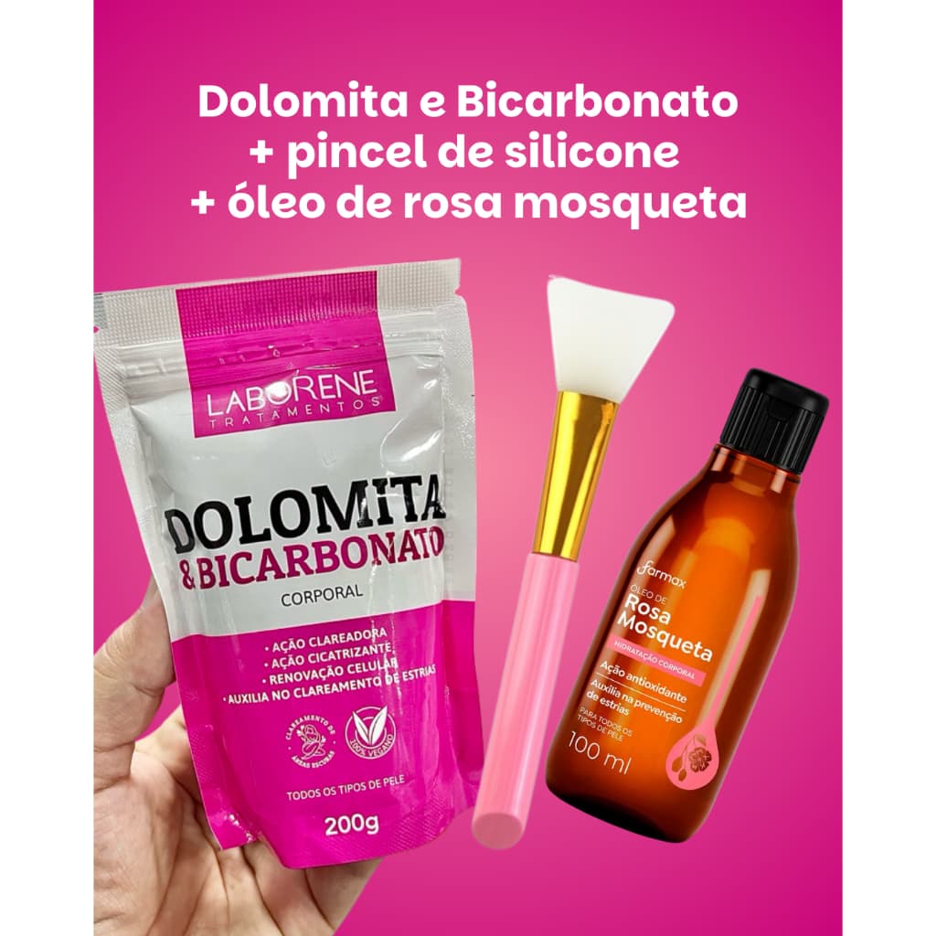 Kit Clareador com Dolomita Bicarbonato 200g + Óleo de Rosa Mosqueta 100ml + Pincel de Silicone