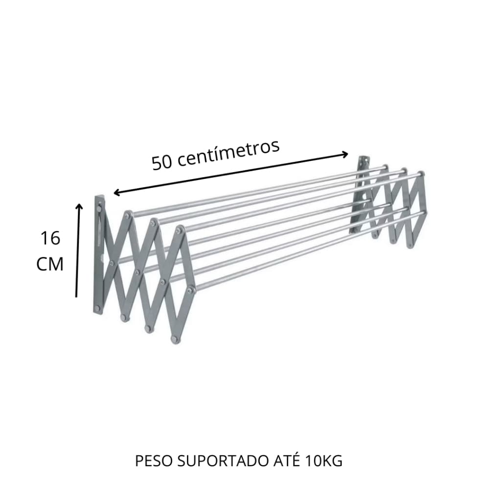 Varal de Parede Sanfonado Alumínio 50cm – Compacto