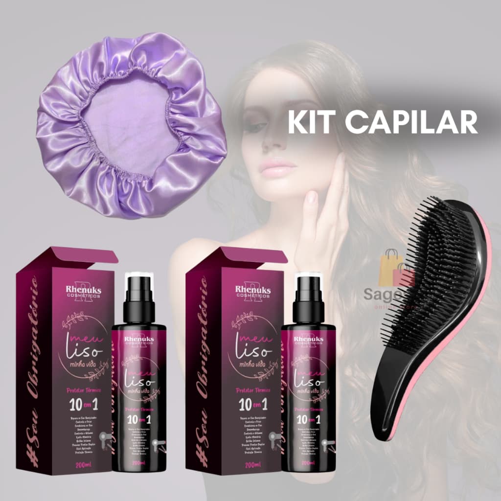 Kit Capilar - 2 Spray Protetor Térmico Meu Liso + 1 Escova Magica + 1 Touca de Cetim