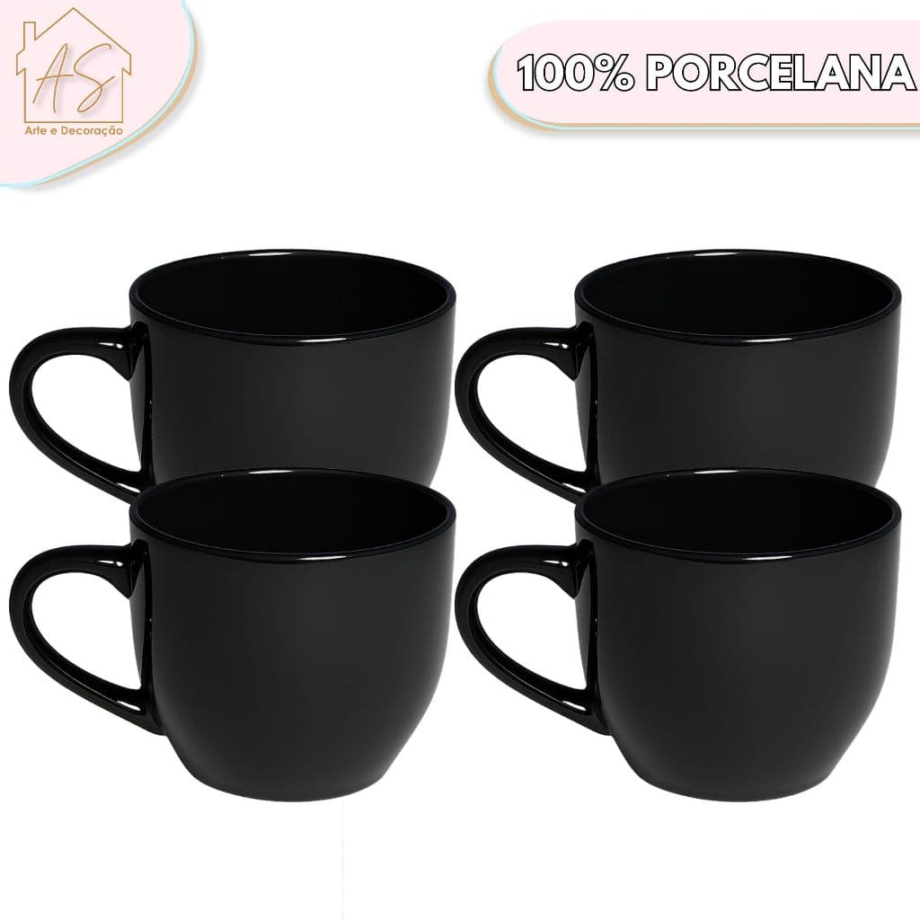 Jogo 4 Xicara Café Chá Porcelana 170ml > Cor Preta