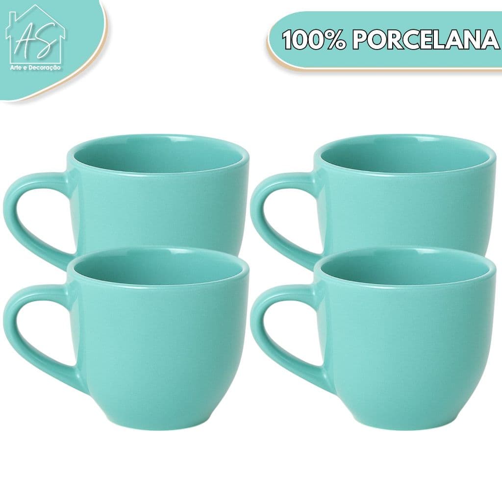 Jogo 4 Xicara Café Chá Porcelana 170ml > Cor Verde