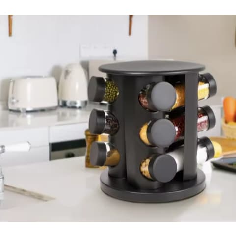 Porta Tempero Redondo de Plástico + Potinhos de Vidro Suporte Giratório Cozinha Decoração ETIQUETA + CANETA