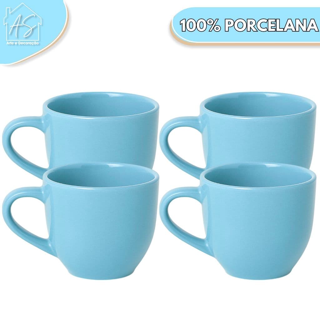 Jogo 4 Xicara Café Chá Porcelana 170ml > Cor AZUL