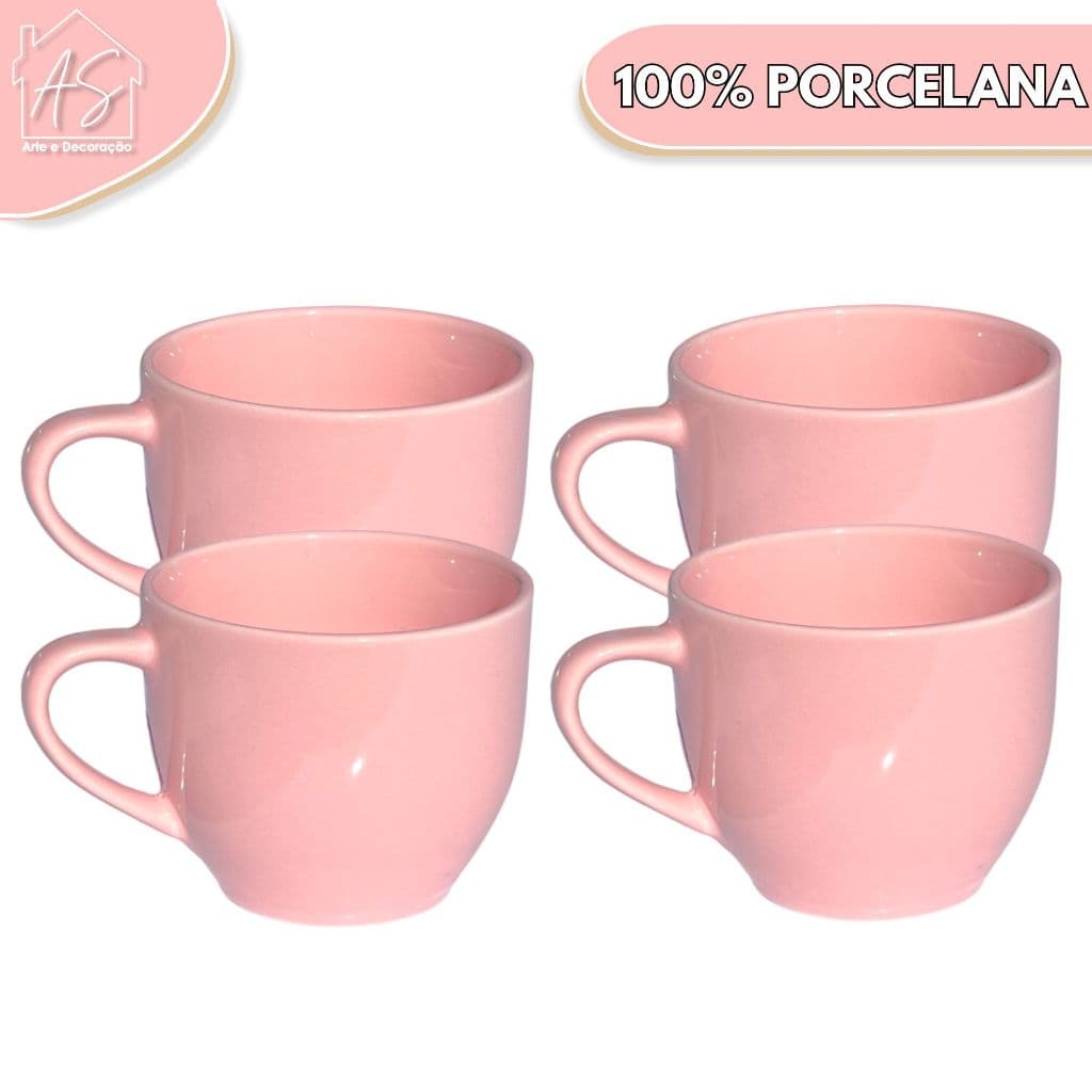 Jogo 4 Xicara Café Chá Porcelana 170ml > Cor Rosa