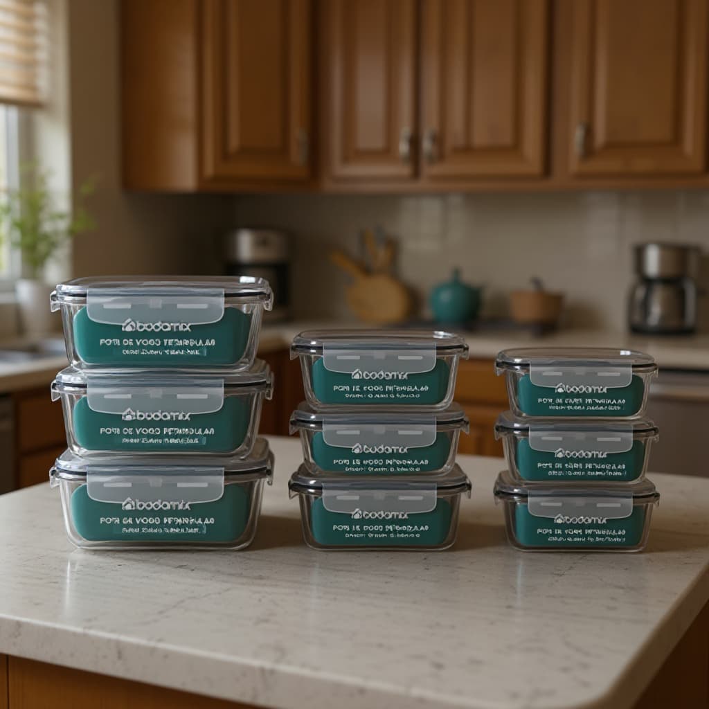 Conjunto de 9 Potes de Vidro Retangulares com Vedação Hermética e Tampas de 4 Travas para Marmitas