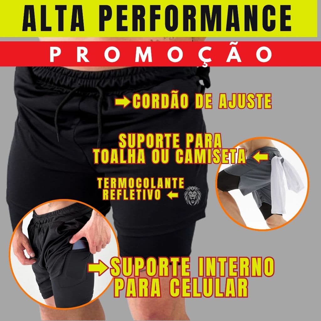 Short Masculino 2 em 1 com Forro de Compressão  Academia Corrida Fitness Estilo e Conforto | Secagem Rápida - Lion