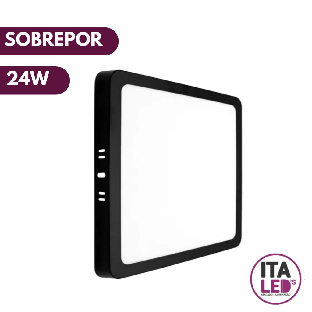 Luminária Painel Plafon Led 24W Preto Quadrado Sobrepor Branco Frio 6500K Bivolt