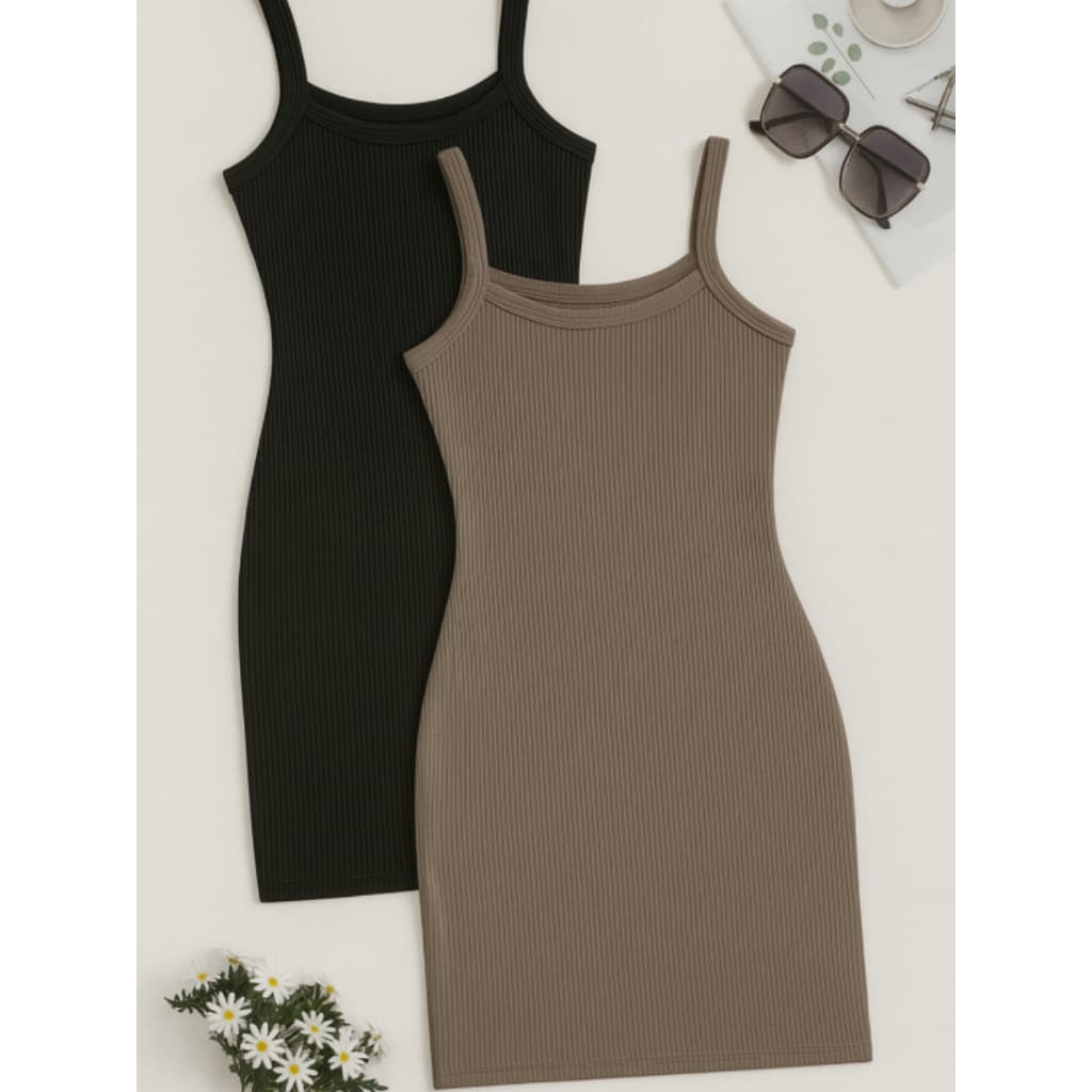 Vestidos Kit C/2 Curto De Alcinha Canelado Algodão Moda Feminina Verão