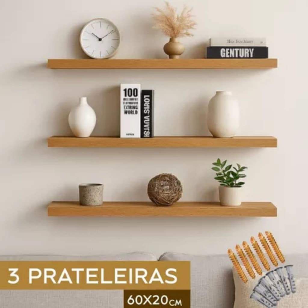 Kit 3 Prateleira Mdf 60x20 Suporte Invisível Na Cor Freijó Preto Branco