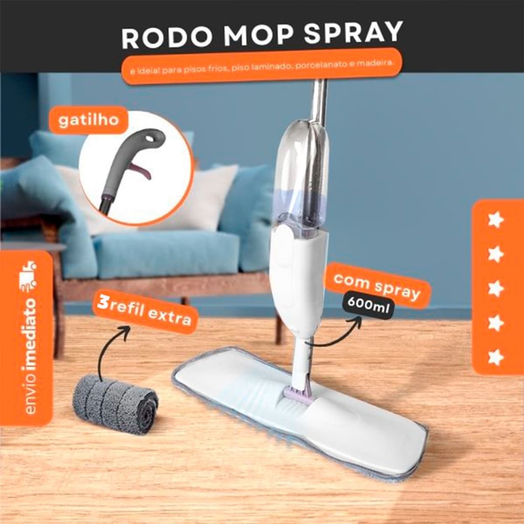 Mop Spray com 3 Refil Extra | Rodo Mágico 600ml com Gatilho e Base 360°