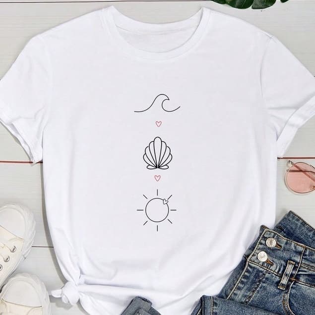 Camiseta Feminina T Shirt 100% Algodão Praia Praiana Onda Concha Sol Coração Verão