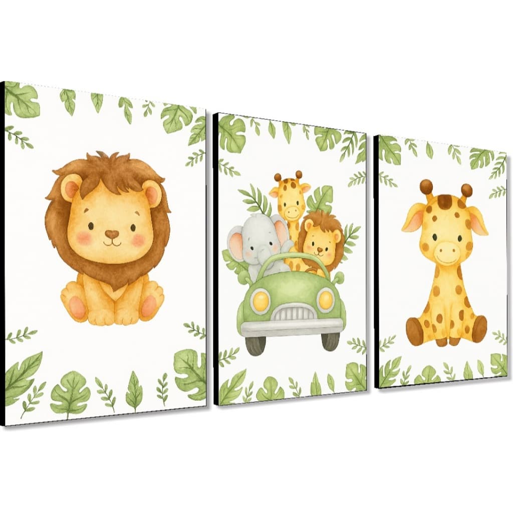 Quadro Decorativo Infantil Leão Girafa Animais Safari