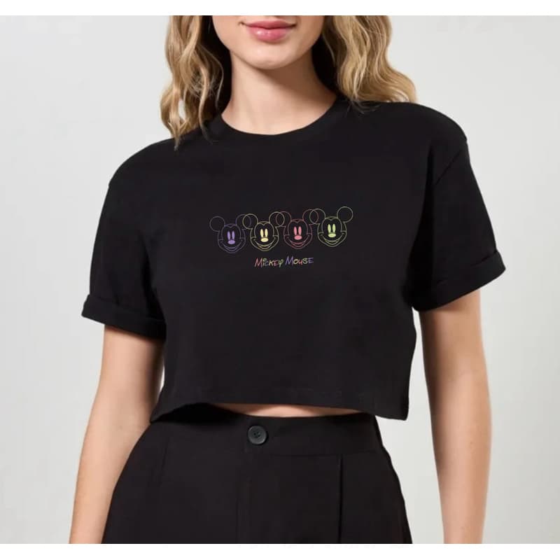 Crooped feminino Preto Mickey Mouse colorido