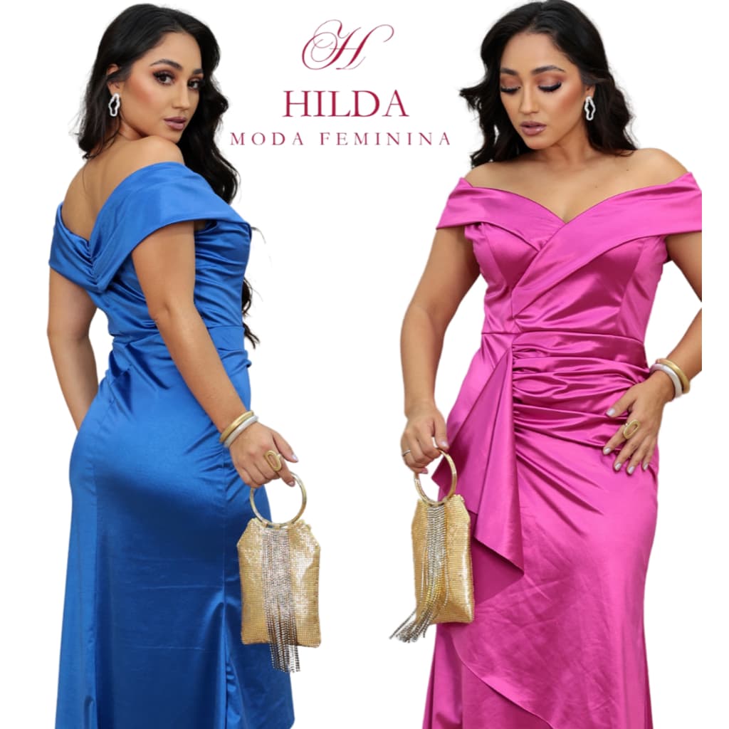 Vestido De festa madrinha Longo Trilobal Ombro A Ombro Detalhe Camada E Babado