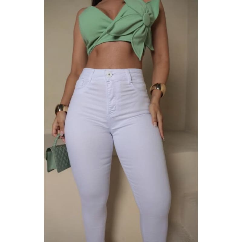 Calça Skinny Elastano Branca Feminina Básica Cintura Alta