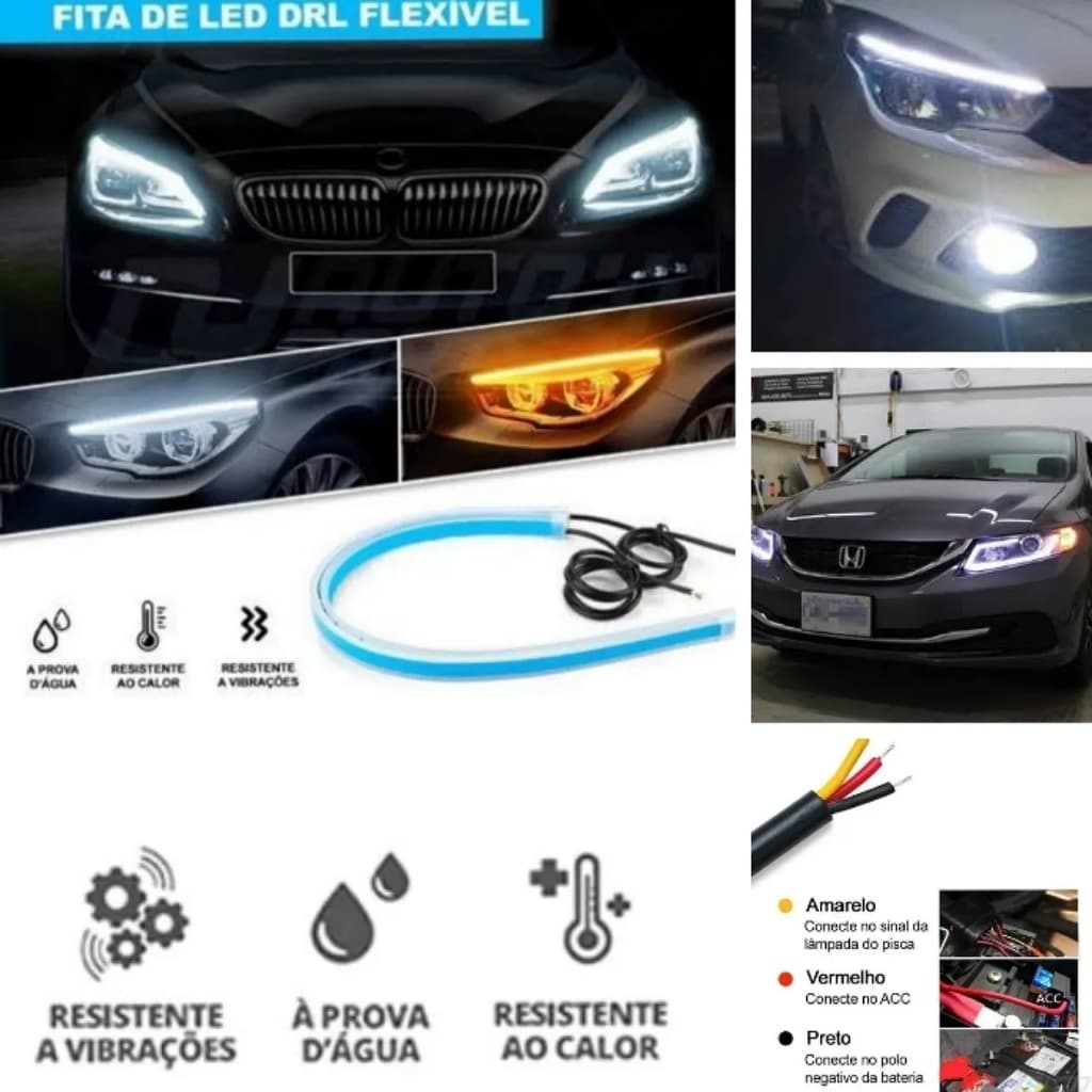 Kit Completo Fita LED DLR Flexível UNIVERSAL 45CM ou 60CM Para Farol, Seta Sequencial, A Prova D''água, Com Cola Dupla