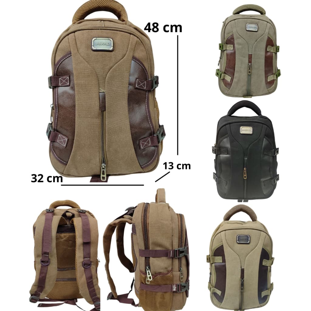 Mochila de Lona Reforçada com Detalhe em Couro Forrada Impermeável Espaço Para Notebook