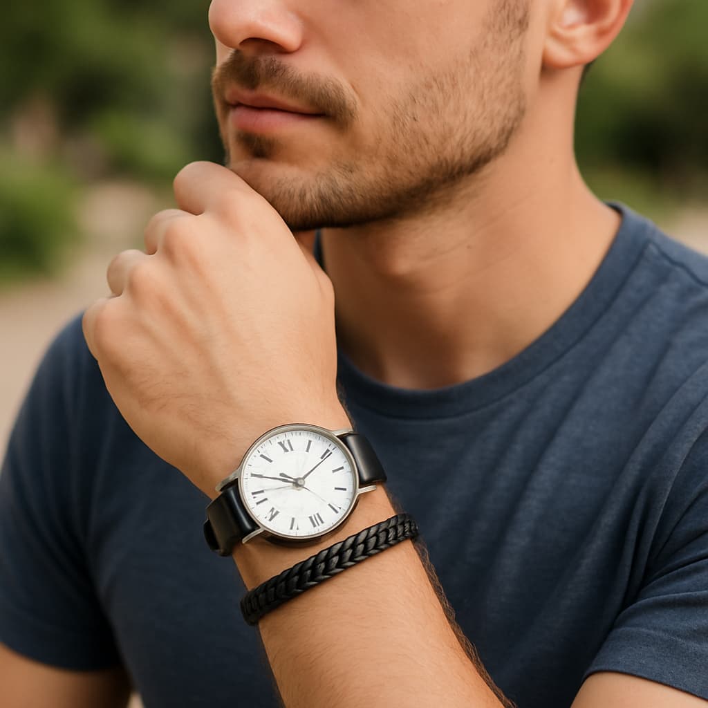 Relógio Masculino de Couro Sintetico + Pulseira Couro elegante, social e casual - Presente Dia dos pais, Natal homem