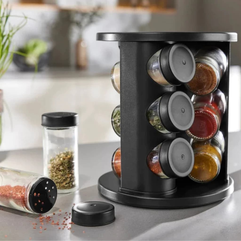 Porta Condimentos Temperos Giratório 9 Potes Vidro 90G com Tampa Dosadora Preto