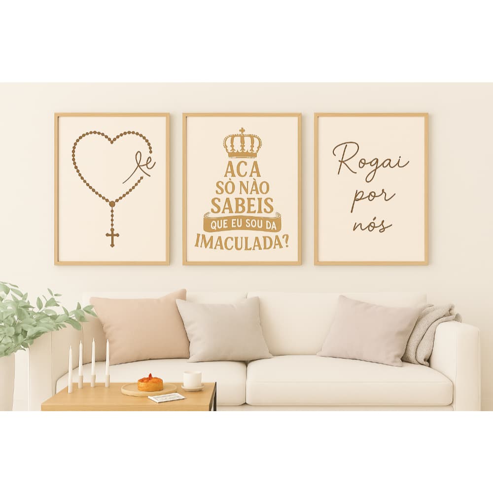 Trio de Quadros Decorativos Religiosos – Fé, Imaculada e Oração para Sala ou Quarto com Estilo