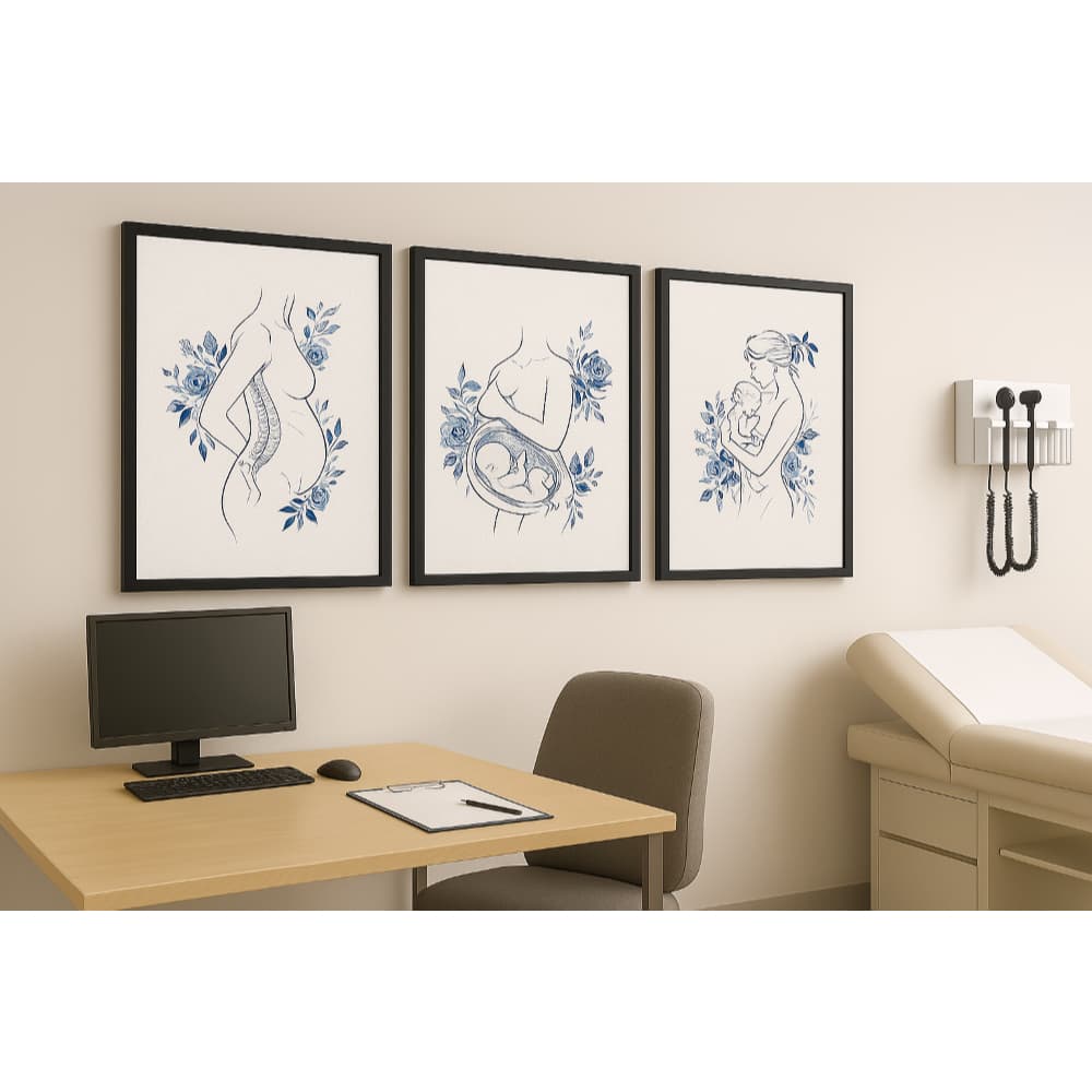 Trio de Quadros Decorativos Obstetrícia A Jornada da Maternidade Arte Floral para Consultório Médico