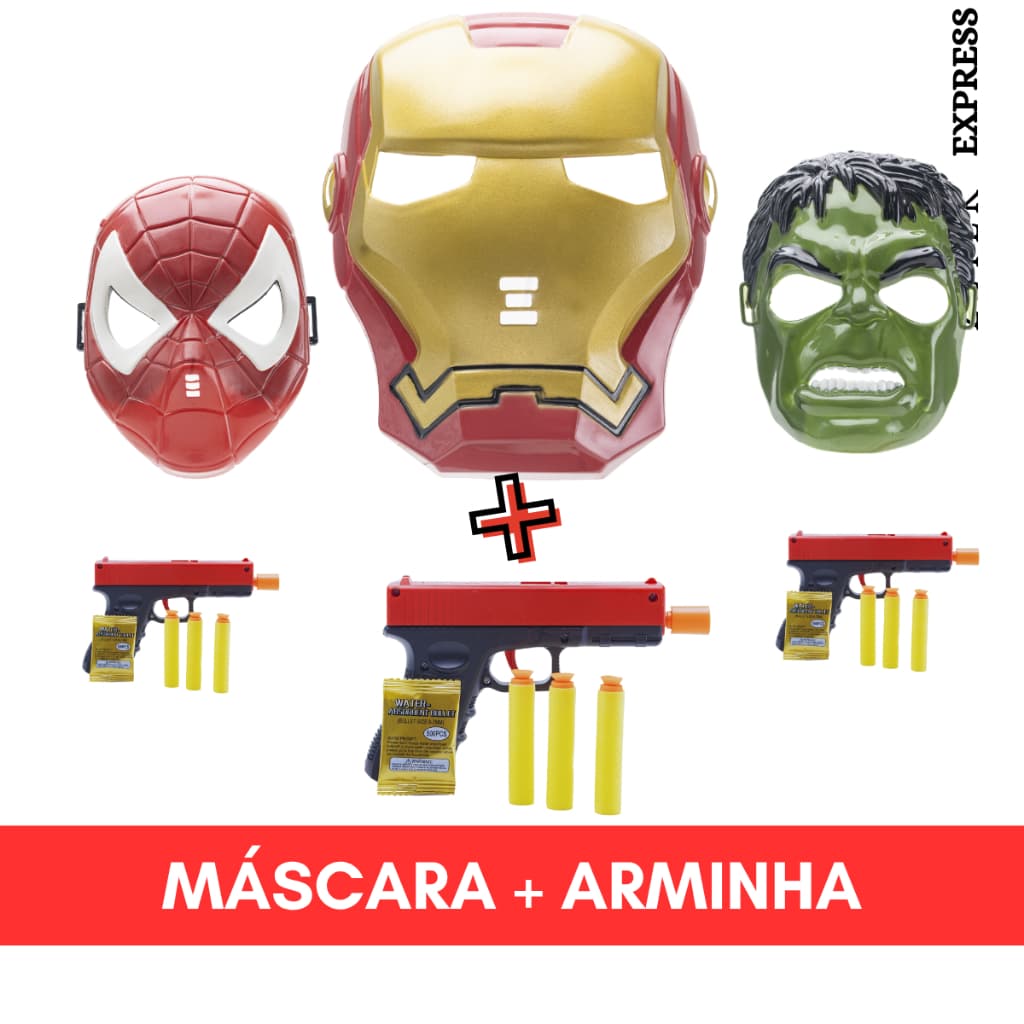Kit Infantil Máscara Super Heroi+ Arminha Com Dardos e Bolinhas Em Gel Crianças Brincar Presente