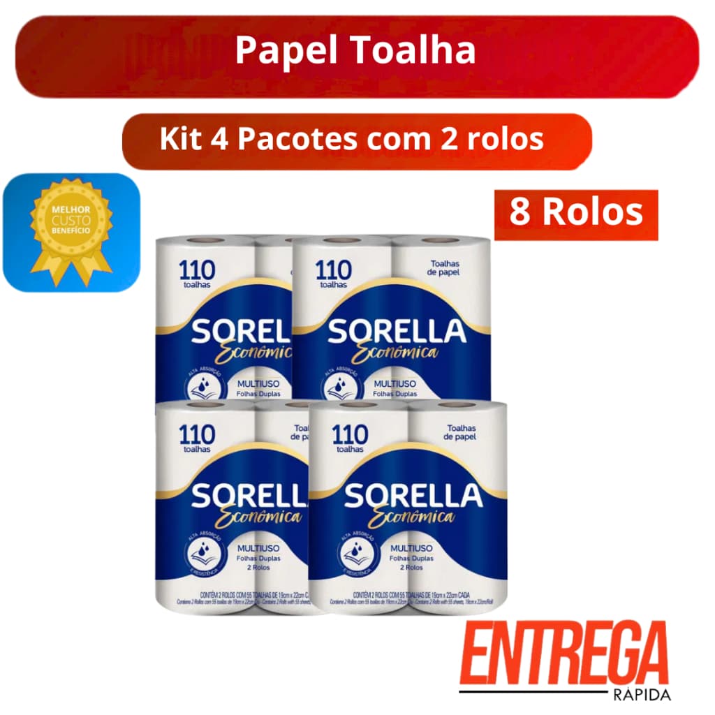 Kit 8 Rolos Papel Toalha Branco Sorella 19x22cm 100% Celulose Virgem Absorvente Cozinha Limpeza Uso Doméstico