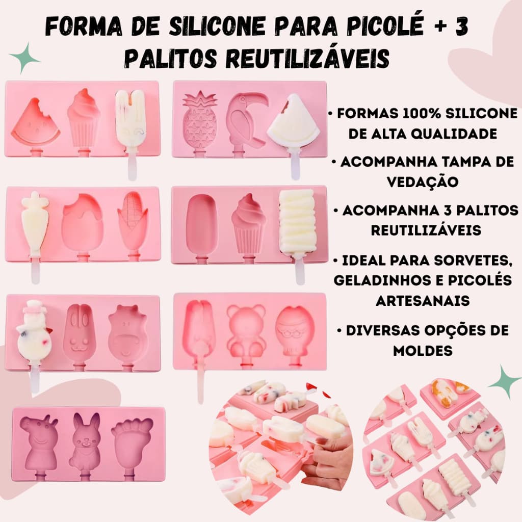Forma De Silicone Com Palito Molde Fofo Infantil Bichinho Para Picolé Gelo Sorvete Chocolate Doces