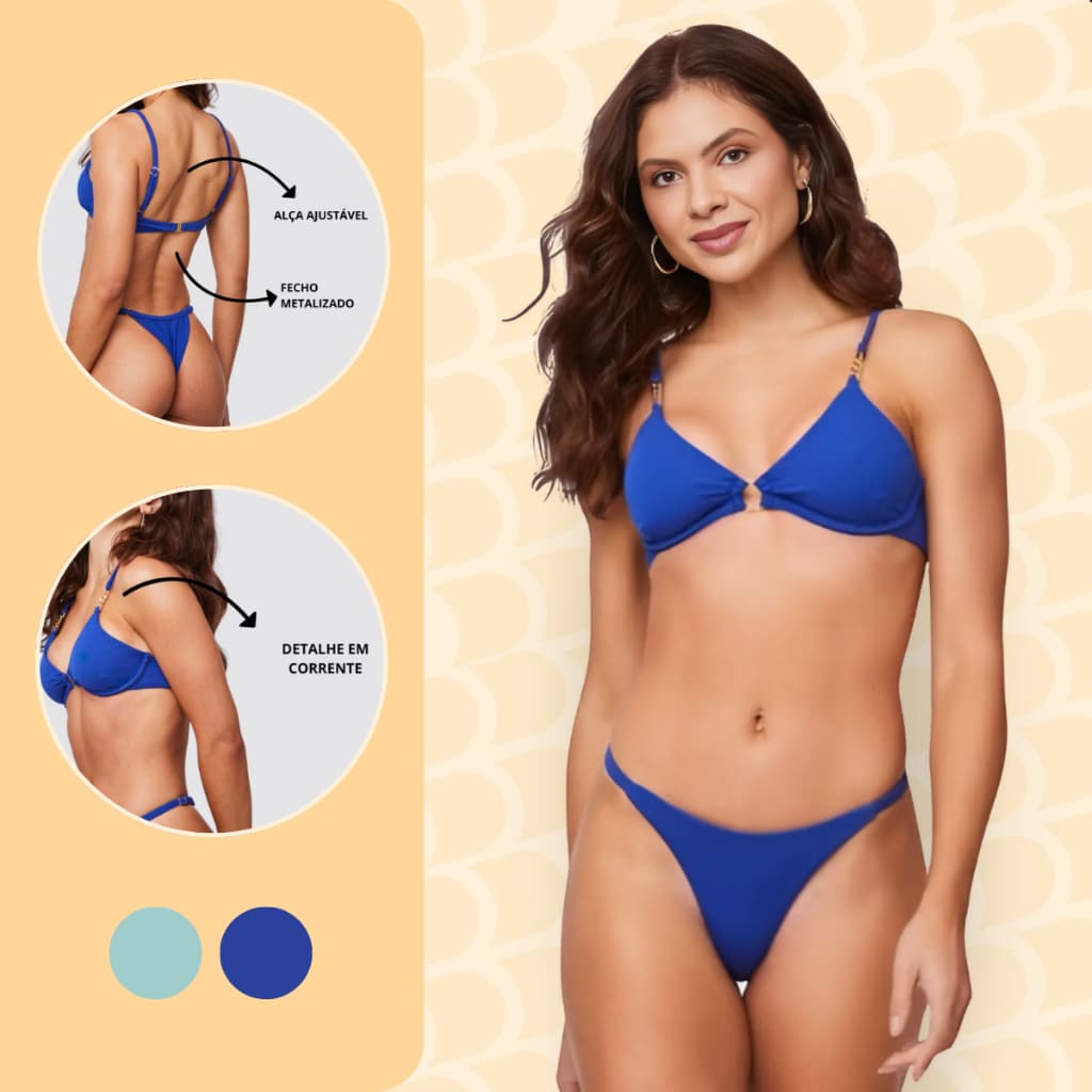 Biquíni Conjunto Meia Taça Argola Central + Corrente Feminino Fio Duplo Ajustável Bojo removível