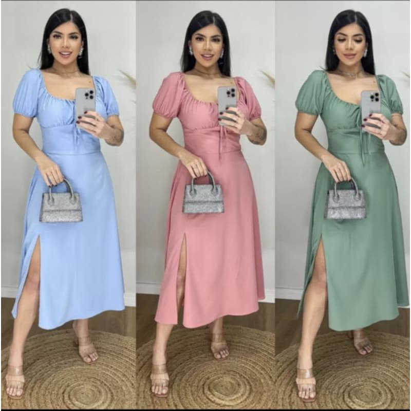 vestido feminino midi com manga curta, com forro, com fenda na frente e elastex nas costas