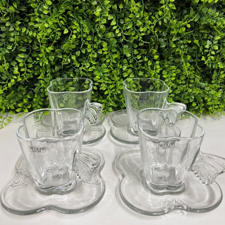 Conjunto 4 Xícaras Chá De Vidro Pires Butterfly 180ml Wolff