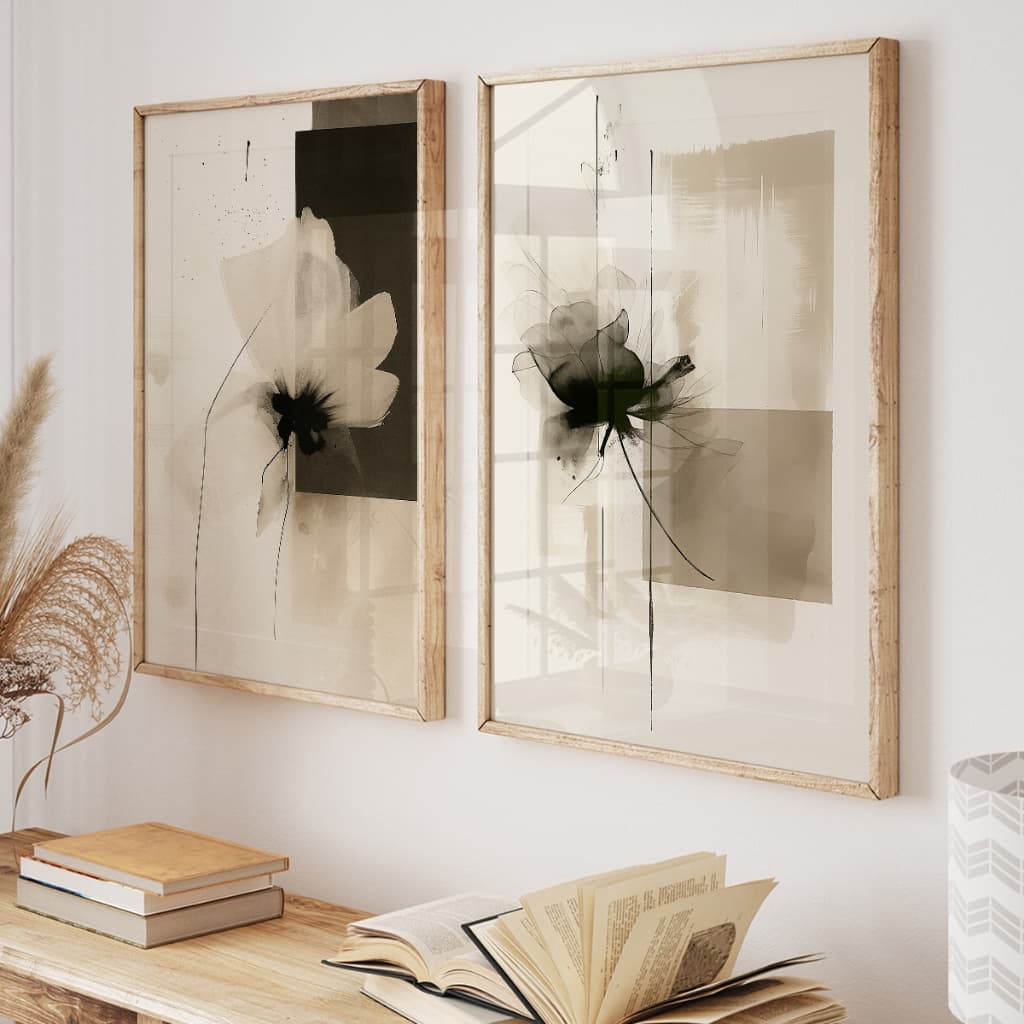 Quadros Decorativos com Moldura Sala Quarto Kit Duo Decoração Florais Abstrato Minimalista Aquarela