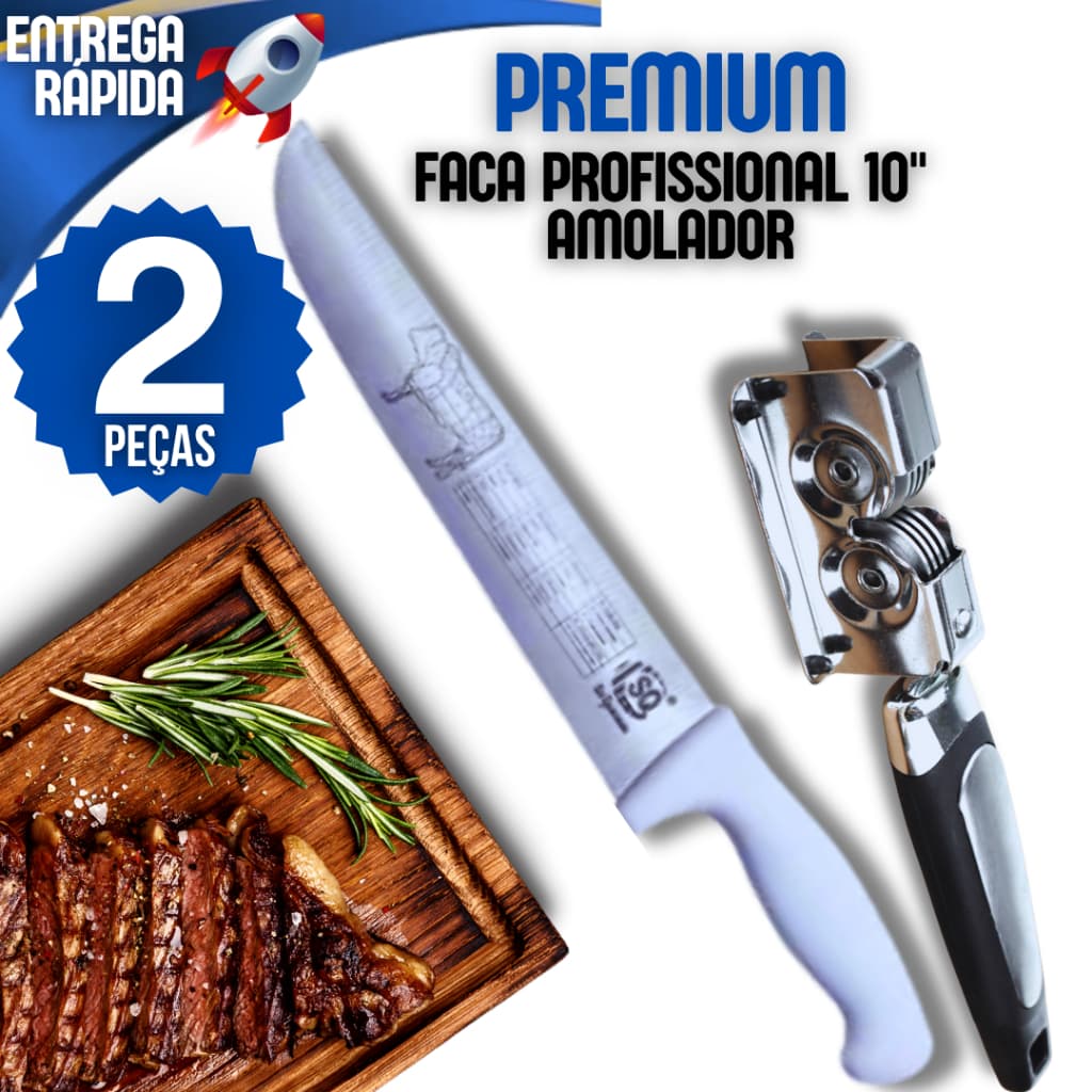 Kit 2 Amolador Afiador De Faca + Faca 10" Em Aço Inox Afiador De Faca Profissional Casa Restaurante