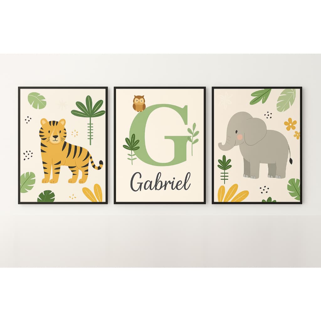 Trio de Quadros Safari Infantil Personalizado Tigre, Elefante e Nome da Criança para Quarto Decorado