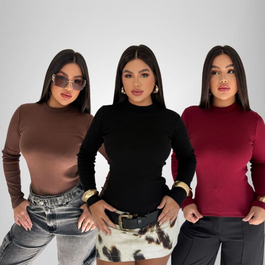 Blusa básica Manga Longa Ribana Casual Moda Basica Gola Alta Cacharrel Outono Inverno